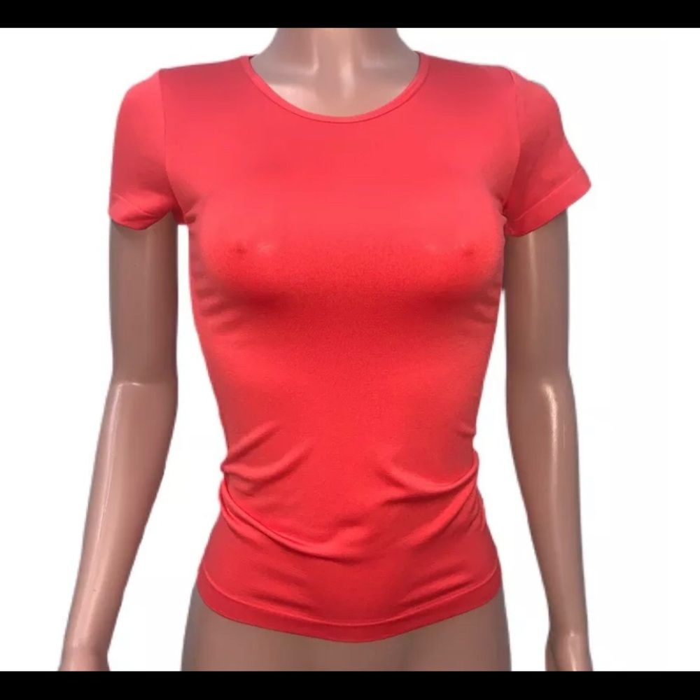 Coral Pink Seamless Stretchy Fitted Skin Tight Nylon Crewneck T-shirt new